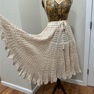 Nicole Miller Artelier Cream Crochet Lined Drawstring Midi Skirt size L